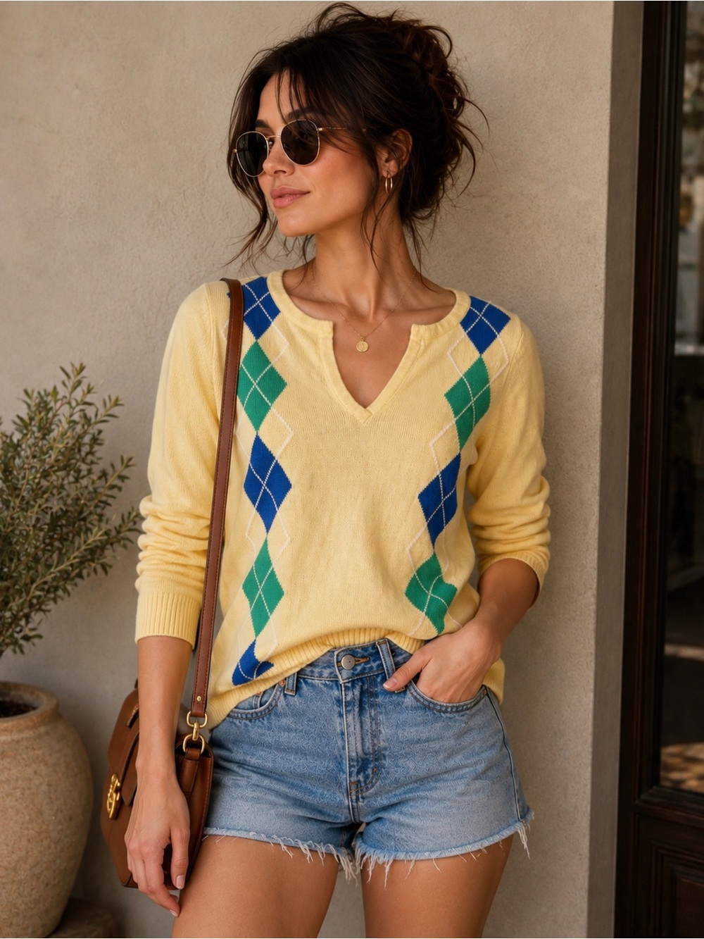 100% Cotton Sweater Butter Yellow V-Neck with Blue and Green Argyle